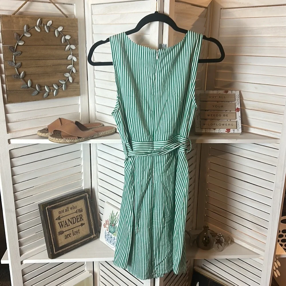 BB Dakota Green and White Striped V Neck Dress With Belt - Picture 5 of 7